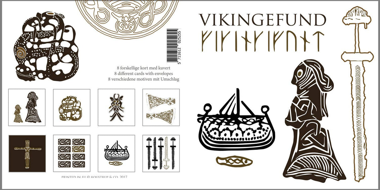 Discover our Card Pack: Viking Finds by Koustrup & Co - Denmark, featuring 8 unique cards with ships, swords, runes, and artifacts. Vikingefund is elegantly inscribed to celebrate Danish history—perfect for decorative cards embracing the rich tapestry of Viking themes.