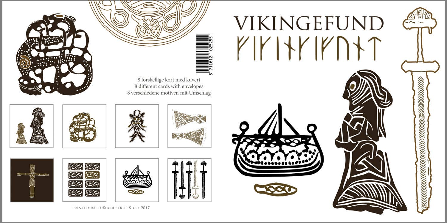 The packaging for the Card Pack: Viking Square Cardfolder is embellished with Viking motifs and bronze foil highlights, showcasing illustrations of a ship, warrior, and various artifacts. It includes 8 double cards with envelopes.