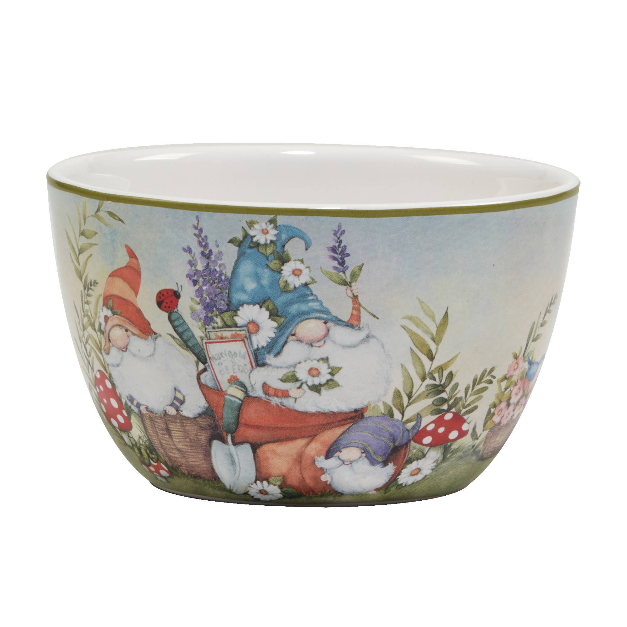 A whimsical ceramic ice cream bowl featuring garden gnomes, flowers, ladybugs, and mushrooms, available as the Garden Gnome Ice Cream Bowl, measuring 5.25in x 3in with four image options.