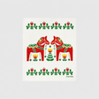 Swedish dishcloth with two red Dala horses surrounded by floral folk art patterns in red, green, and yellow.