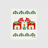 Swedish dishcloth with two red Dala horses surrounded by floral folk art patterns in red, green, and yellow.