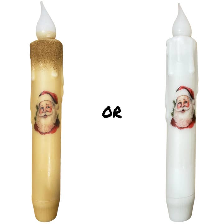 A yellow beeswax candle featuring Santa Claus with a simulated melting tip is beside a realistic LED taper candle depicting Santa, equipped with a battery-operated timer. OR is placed between them.