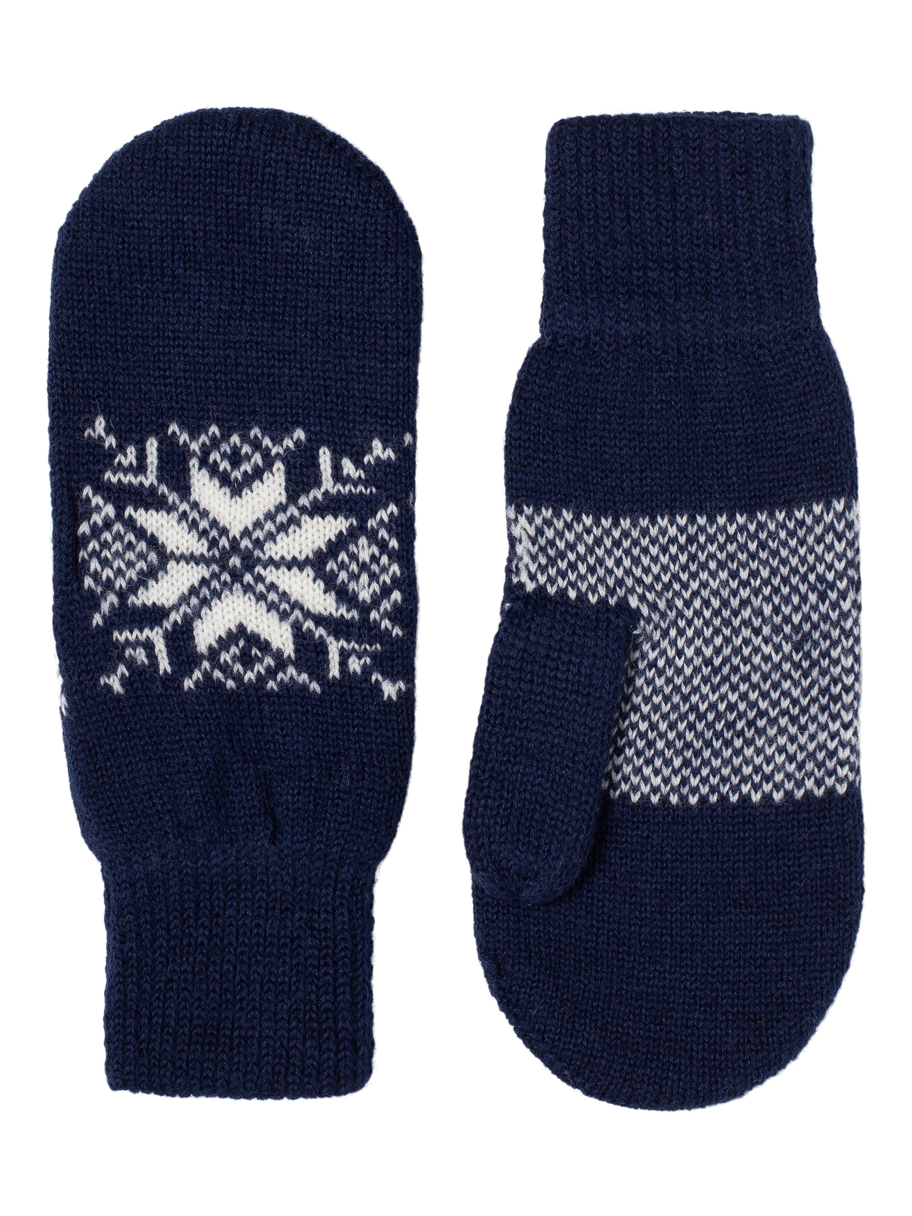Snowflake Mittens Navy: A pair of navy blue Nordic mittens featuring Scandinavian craftsmanship—one with a snowflake design, the other with horizontal white stripes in white patterns.