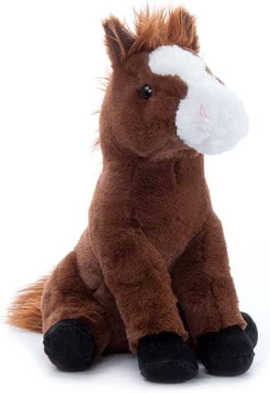 The Plush: Horse Chestnut Wild Onez 12" is an adorable plush toy horse designed to sit upright, featuring brown fur, a white snout, and black hooves that perfectly capture the essence of a realistic pony stuffed animal.