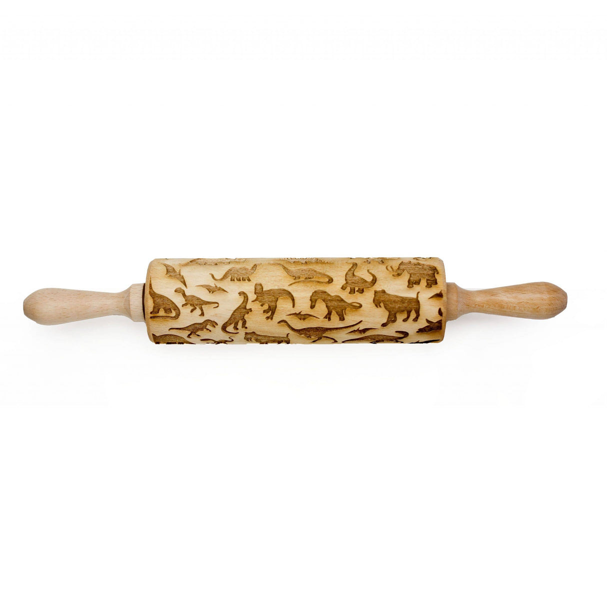 A handmade wooden rolling pin, laser engraved with various animals and featuring delightful dinosaur embossing, is named the Rolling Pin: Dinosaur 1 Embossing Rolling Pin.