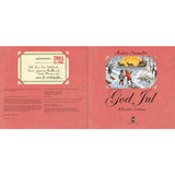 Book cover with Swedish title, children playing in snow, and a Christmas postcard illustration on a red background.