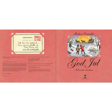 Book cover with Swedish title, children playing in snow, and a Christmas postcard illustration on a red background.