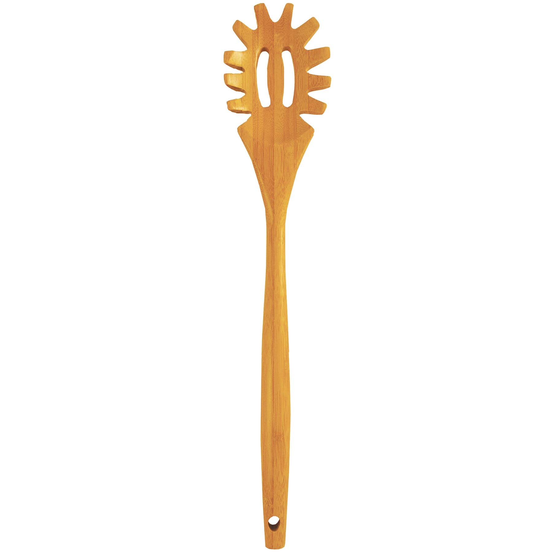 The Utensil: 14" Spaghetti Server Lambootensil is equipped with a pronged bamboo head and a long handle, making it ideal for serving pasta effortlessly.