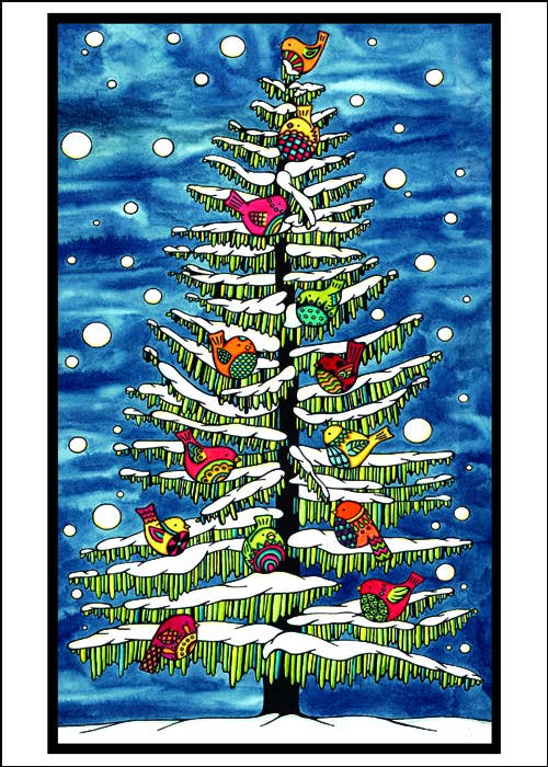 A snow-covered evergreen with colorful birds on its branches, set against a blue snowy background—perfect for the Card Pack: Birds in Snow on Tree Packaged Christmas Cards (8 cards & envelopes) from Sarah Angst Art.