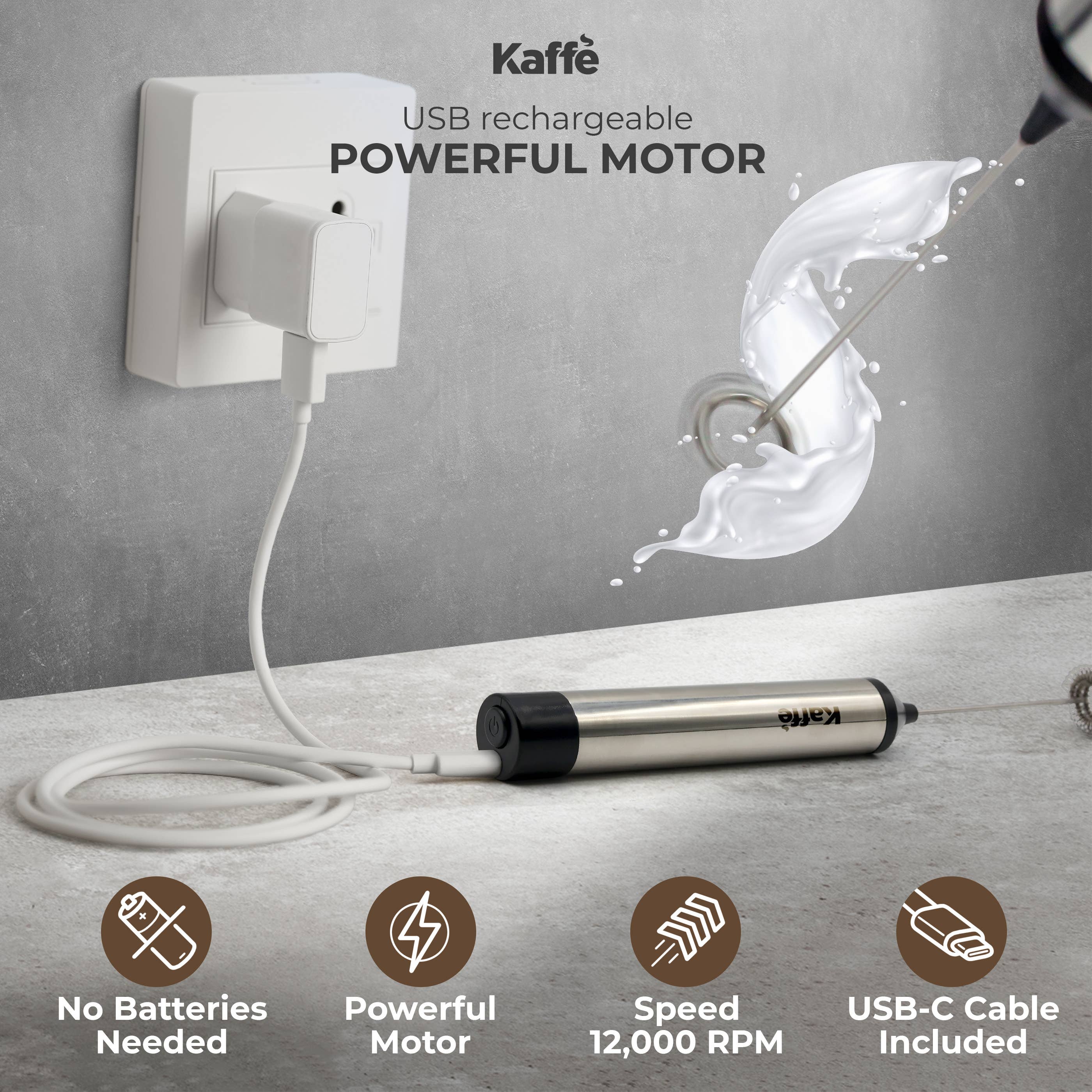 The Kaffe Handheld Milk Frother with Stand (Stainless Steel) charges via USB-C—no batteries needed. It features a powerful motor, 12,000 RPM speed, and comes with a USB-C cable for quick, cordless frothing.
