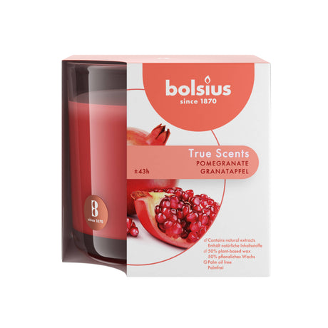Experience the luxurious fragrance of a Pomegranate Scented Candle by Bolsius, measuring 3.75 x 3.75 inches and enriched with high-quality natural extracts, offering an impressive 43-hour burn time in its beautifully packaged form featuring the lush fruit.