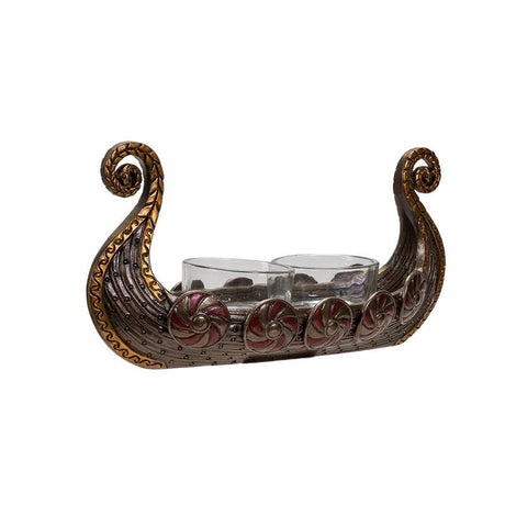 Candle Holder: Viking Ship Votive - Tea Lite Candle Holder - Bronze Resin with Two Glass Tea Lite Holders
