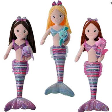 A set of three 17" Plush: Mermaid Boho Mermaid dolls, each featuring colorful tails and holding a removable sea turtle plush toy, a purple dolphin, and a pink seahorse. These enchanting dolls bring the ocean's magic to life!