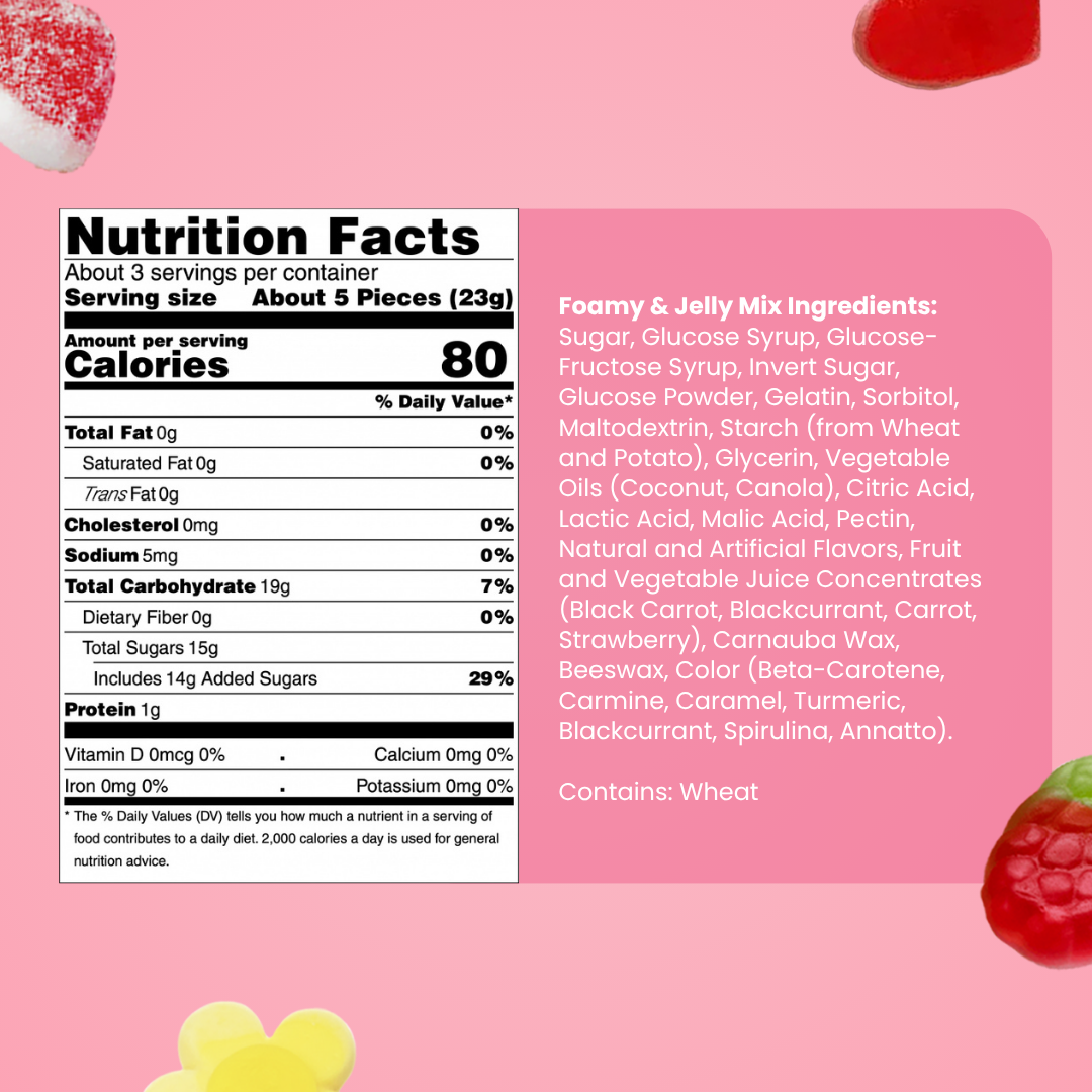 Nutrition Facts and ingredient list for Swedish Foamy & Jelly Mix candy shown on a pink background, listing wheat, sugars, colors, and flavorings.