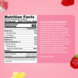Nutrition Facts and ingredient list for Swedish Foamy & Jelly Mix candy shown on a pink background, listing wheat, sugars, colors, and flavorings.