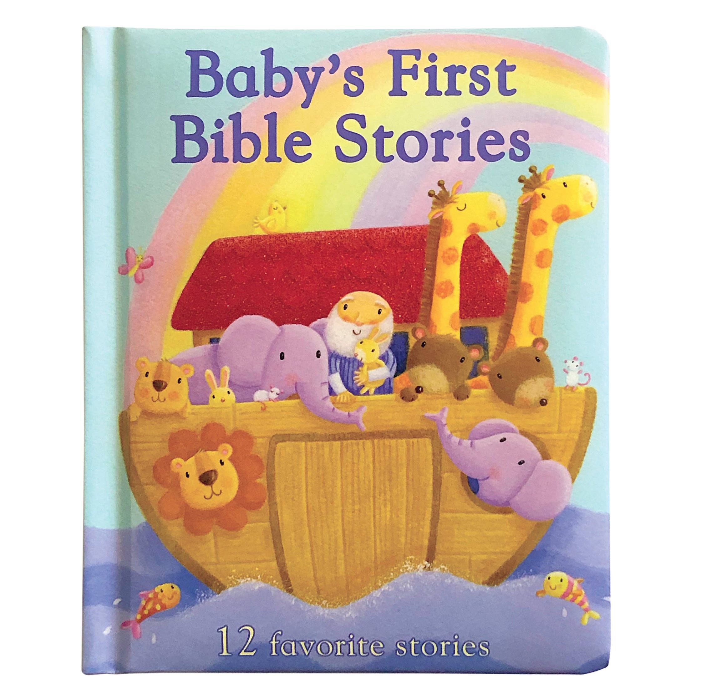 Book: Baby's First Bible Stories Keepsake Board Book features Noah’s Ark, animals, and a rainbow on the cover, with “12 favorite stories—perfect for introducing baby bible stories to little ones” at the bottom.