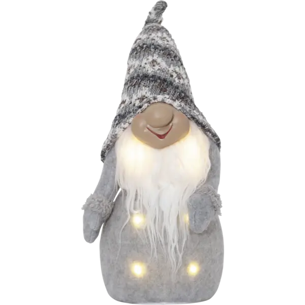 The Lighted Tomte Standing Grey figurine features a long white beard and is adorned with a gray and white knitted hat and coat, complete with small LED lights on the front.