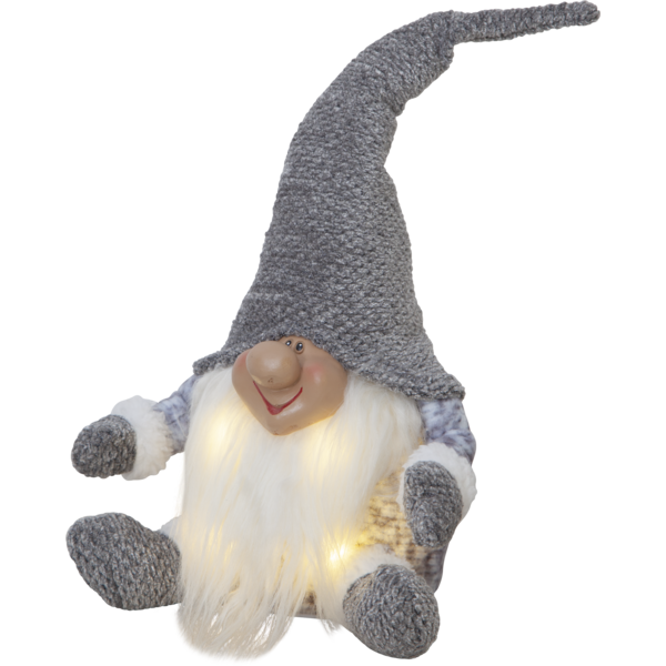 The Figurine: Lighted Tomte Sitting Grey by Star Trading features a decorative tomte with a long, pointed hat and white beard, its nose peeking through. The LED-lit hat, gloves, and shoes are gray, emitting a warm glow that is perfect for infusing Swedish Christmas charm into your space.