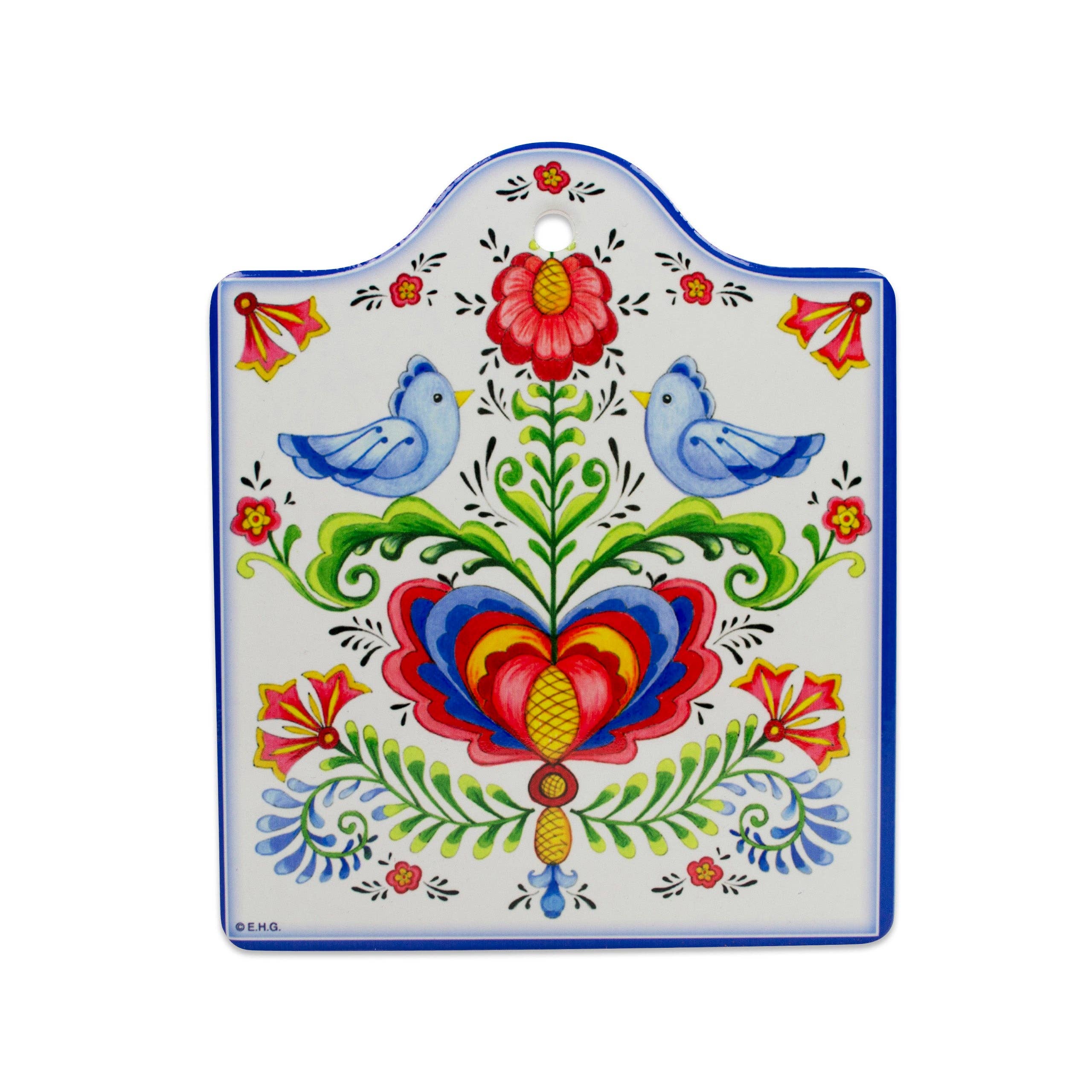 The Lovebirds Folk Art Cork Backed Ceramic Cheeseboard showcases a colorful floral design with two lovebirds nestled among red and pink flowers, surrounded by green leaves. The pattern is charmingly framed with a blue border, making it a delightful addition to any Scandinavian kitchen.