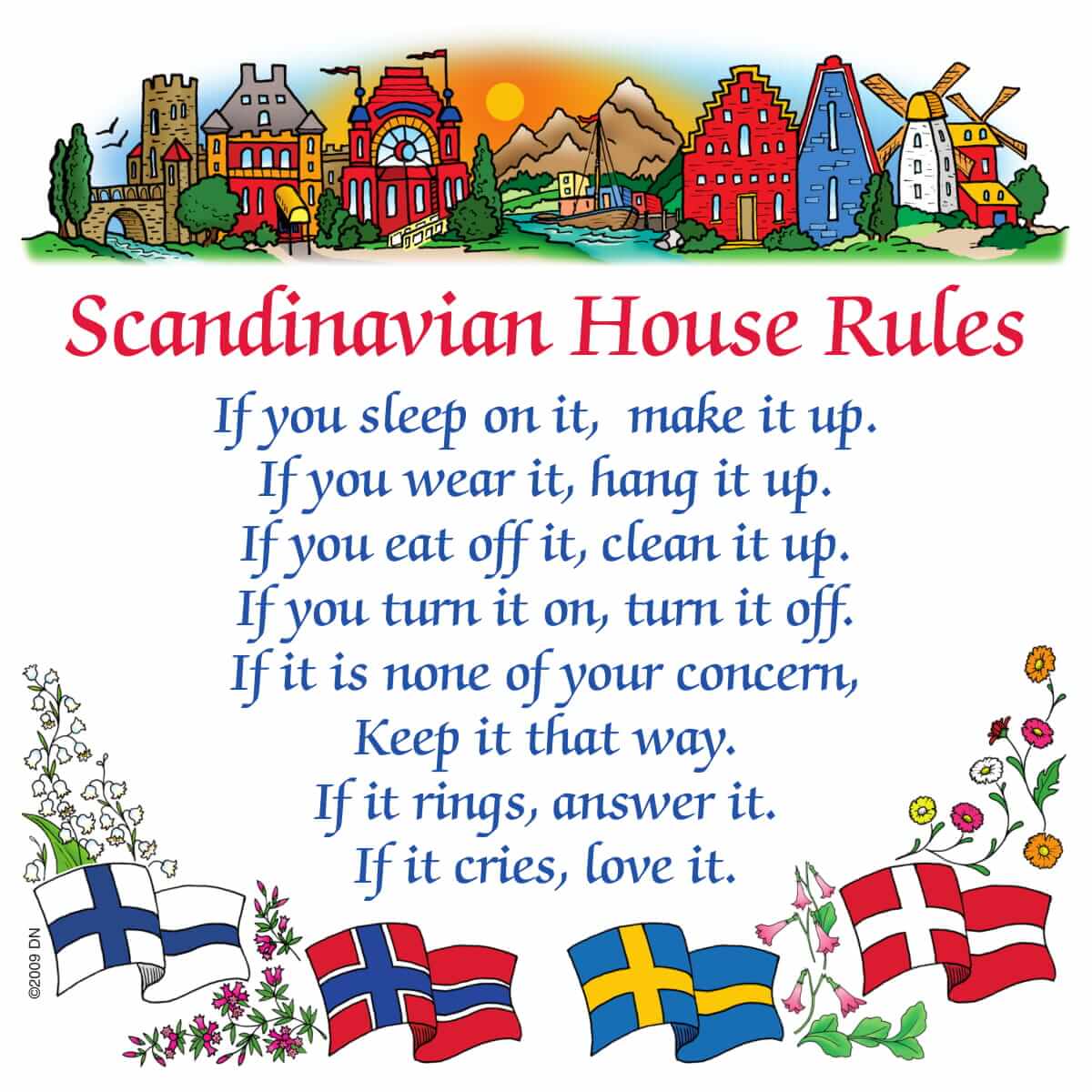Charming 6"x6" ceramic wall tile features colorful Swedish houses, flags, and "Scandinavian House Rules" in blue text—perfect Swedish gift or wall decor. Comes with hanger or stand for easy display.