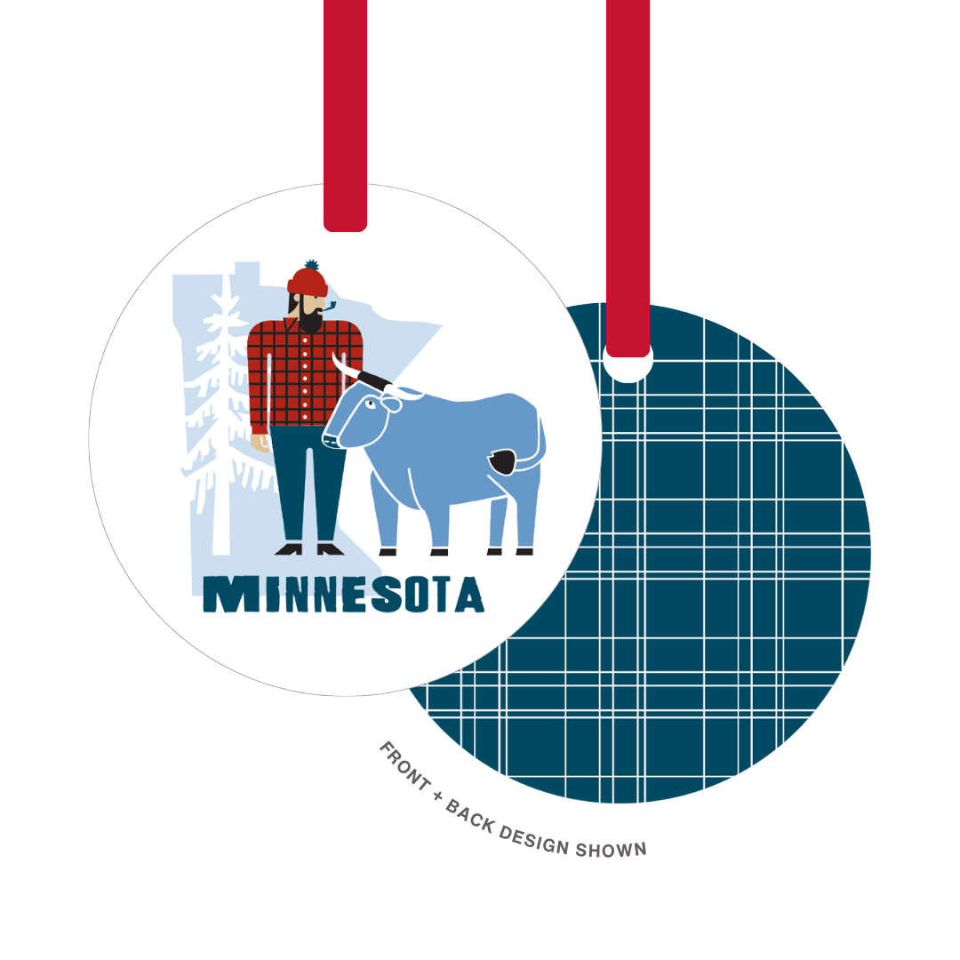 Ornament: Minnesota Paul Bunyan + Babe Metal Ornament Artwork by Cindy LIndgren