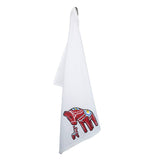 The Tea Towel - Dala Horse "Jumbo" by Adam Turman hangs on a hook, showcasing a large red Dala horse and a smaller matching horse with Swedish-style patterns—ideal for adding Scandinavian charm to your kitchen.