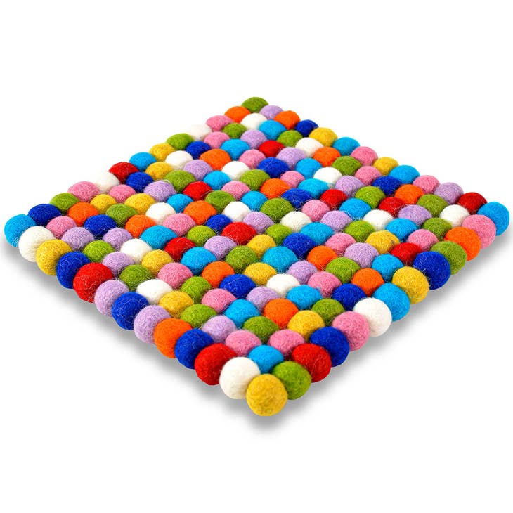 The Trivet: Multi-Color Wool Felted Pom-Pom Square Trivet features a handcrafted grid of small, vibrant wool felt balls, adding charm and color to your kitchen while serving as a functional decoration.