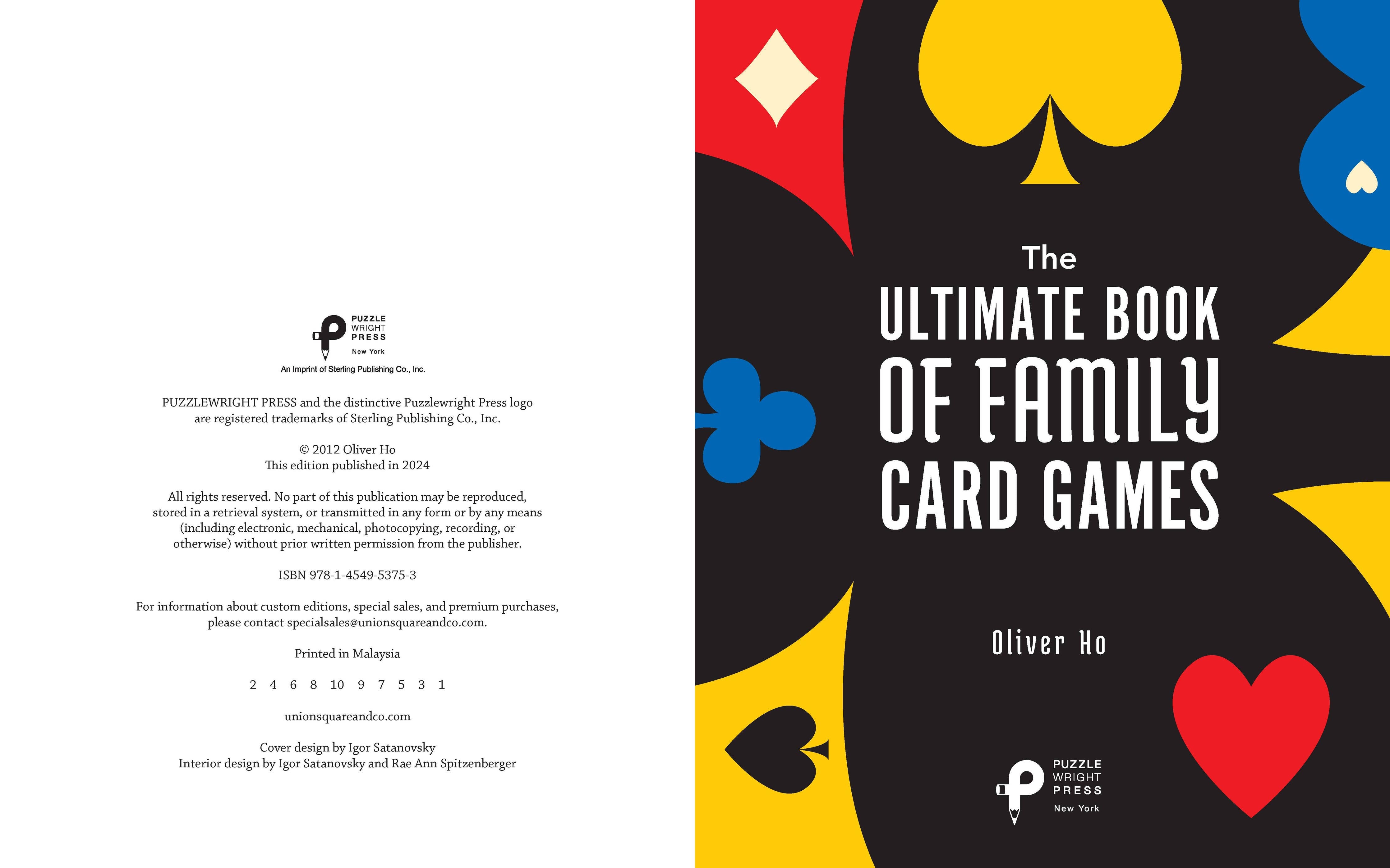 The cover and copyright page of Book: The Ultimate Book of Family Card Games: Over 50 Games! features colorful card suit symbols on black, highlighting 50+ fun card games for all ages.