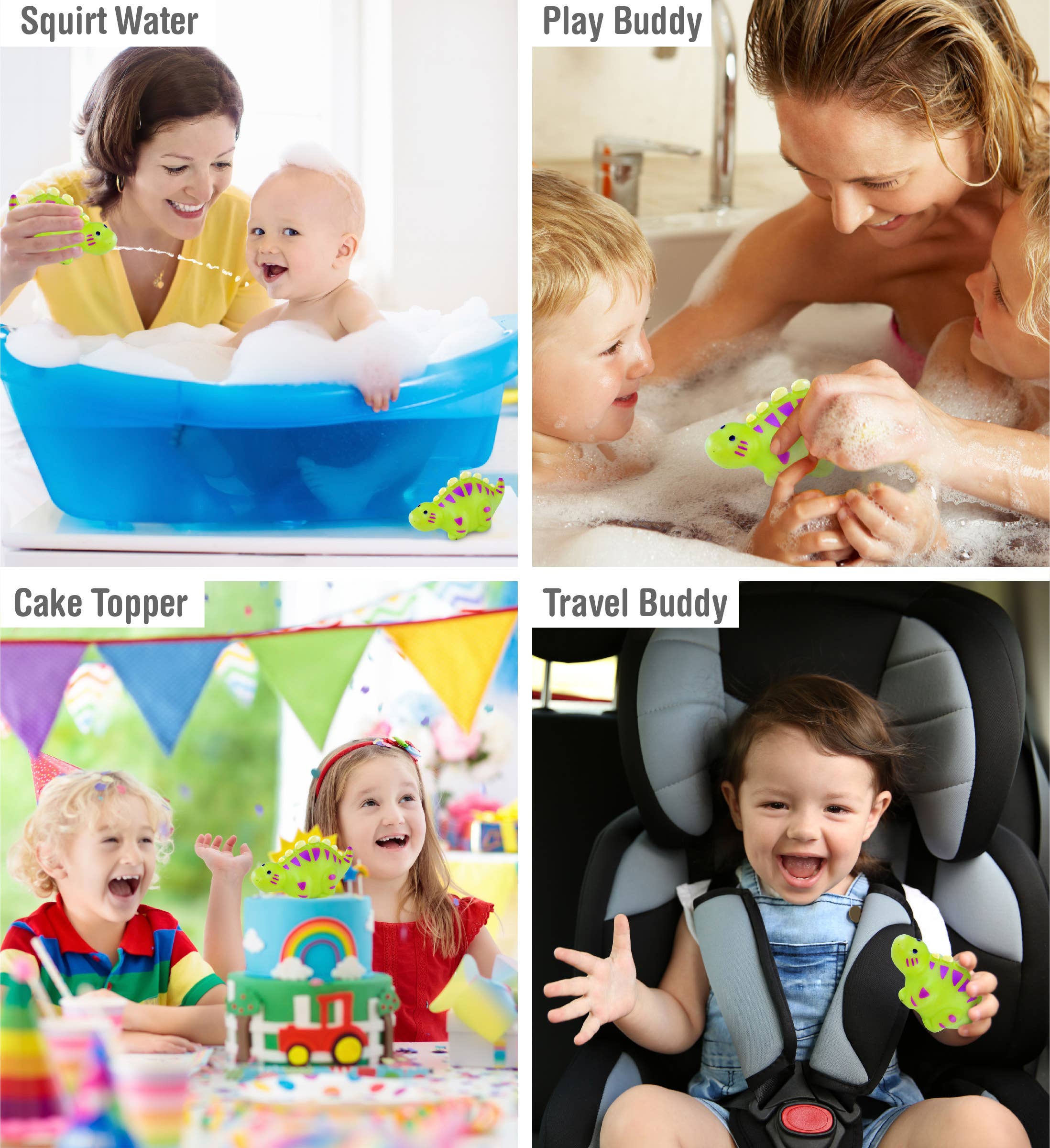 Four fun uses for the Bath Toy: Stegosaurus Bath Water Squirter: squirting water in the tub, bath time play, as a party cake topper, and as a travel buddy in a car seat.