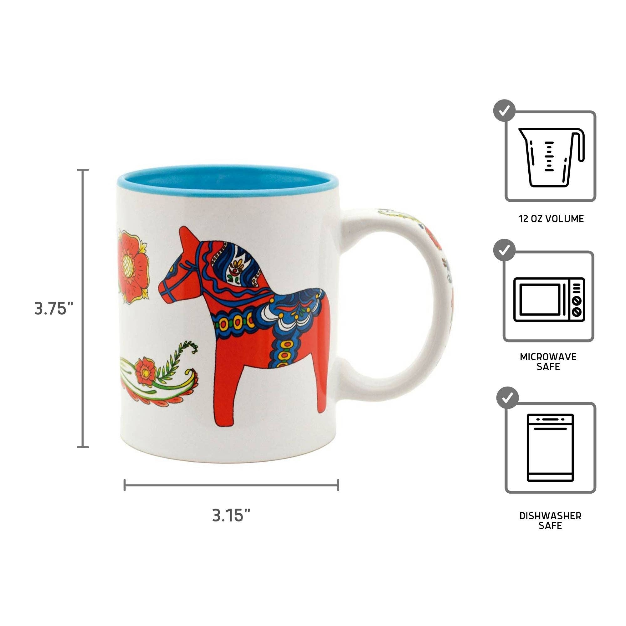 The Mug: Red Dala Horse with Blue Interior Ceramic Coffee Mug features a white ceramic body, red Swedish Dala Horse design, blue interior, floral accents, holds 12 oz, measures 3.75 tall by 3.15 wide, and is microwave and dishwasher safe.