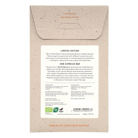 Back of a Fjak Espresso Dark Chocolate 70% Cocoa (Limited Edition) 60g bar with product description, ingredients, barcode, vegan and organic symbols—Norwegian craft chocolate featuring bold espresso flavor.