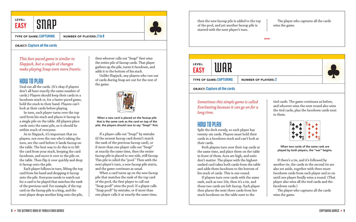 The Ultimate Book of Family Card Games: Over 50 Games! includes instructions for Snap and War, covering objectives, player counts, detailed steps, and sample card images for easy learning.