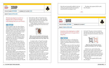 The Ultimate Book of Family Card Games: Over 50 Games! includes instructions for Snap and War, covering objectives, player counts, detailed steps, and sample card images for easy learning.