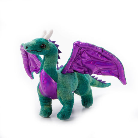 Green dragon plush with shiny purple wings and chest, white horns, and embroidered facial features on a white background.
