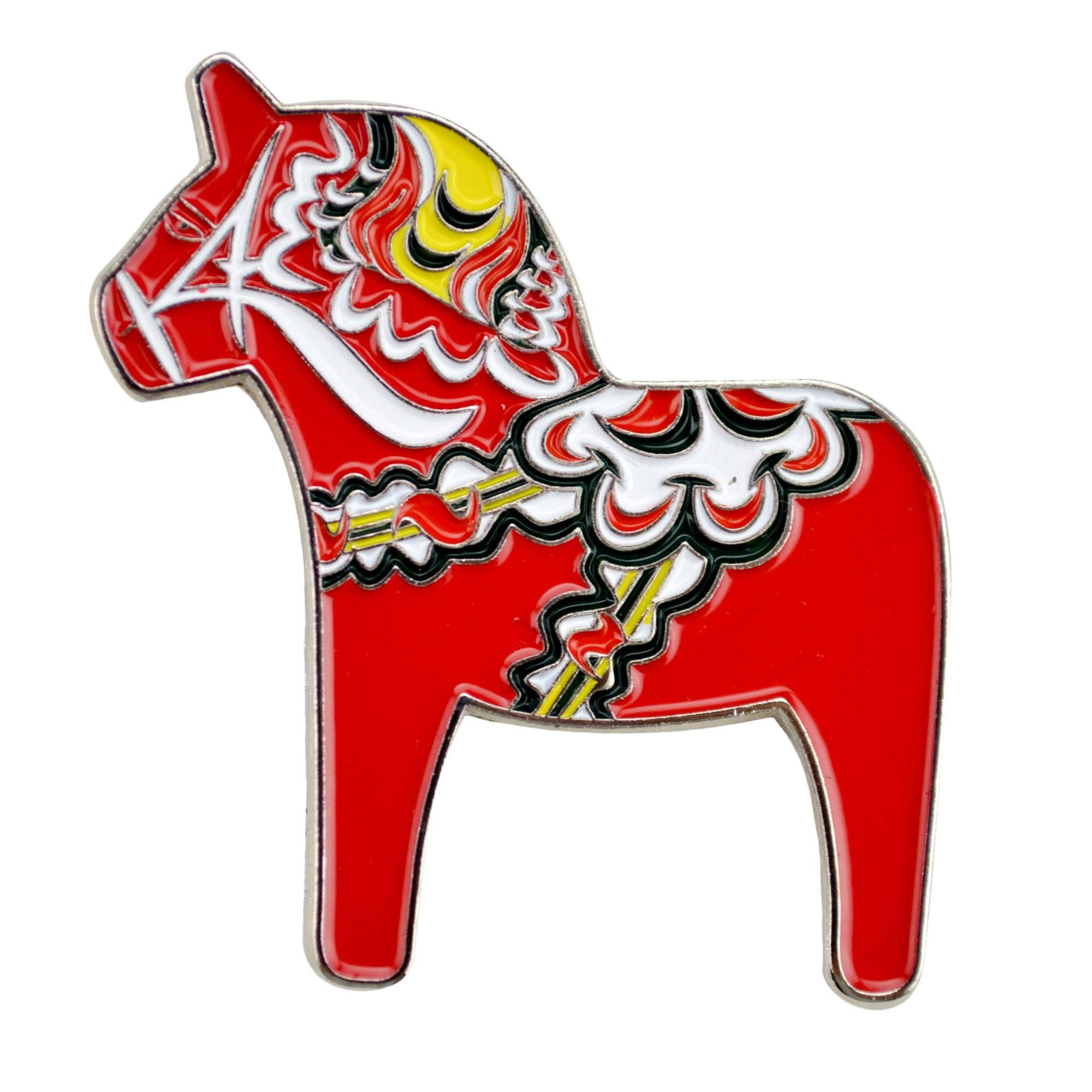 The Pin: Swedish Dala Horse Metal Hat Pin features a red Dala horse adorned with traditional Swedish Kurbits patterns, including yellow, white, and black details outlined in white. This pin is perfect for showcasing your love for Swedish culture uniquely.