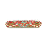 Rectangular ceramic tray with handles, featuring a red floral pattern and two stylized birds in the center based on the Strawberry Thief design.