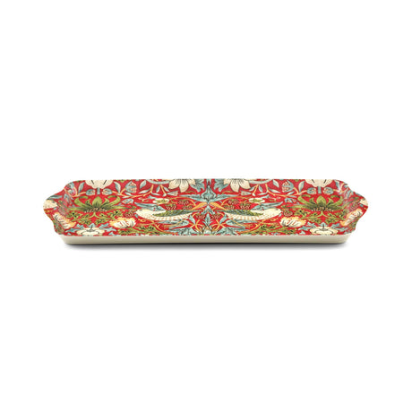 Rectangular ceramic tray with handles, featuring a red floral pattern and two stylized birds in the center based on the Strawberry Thief design.