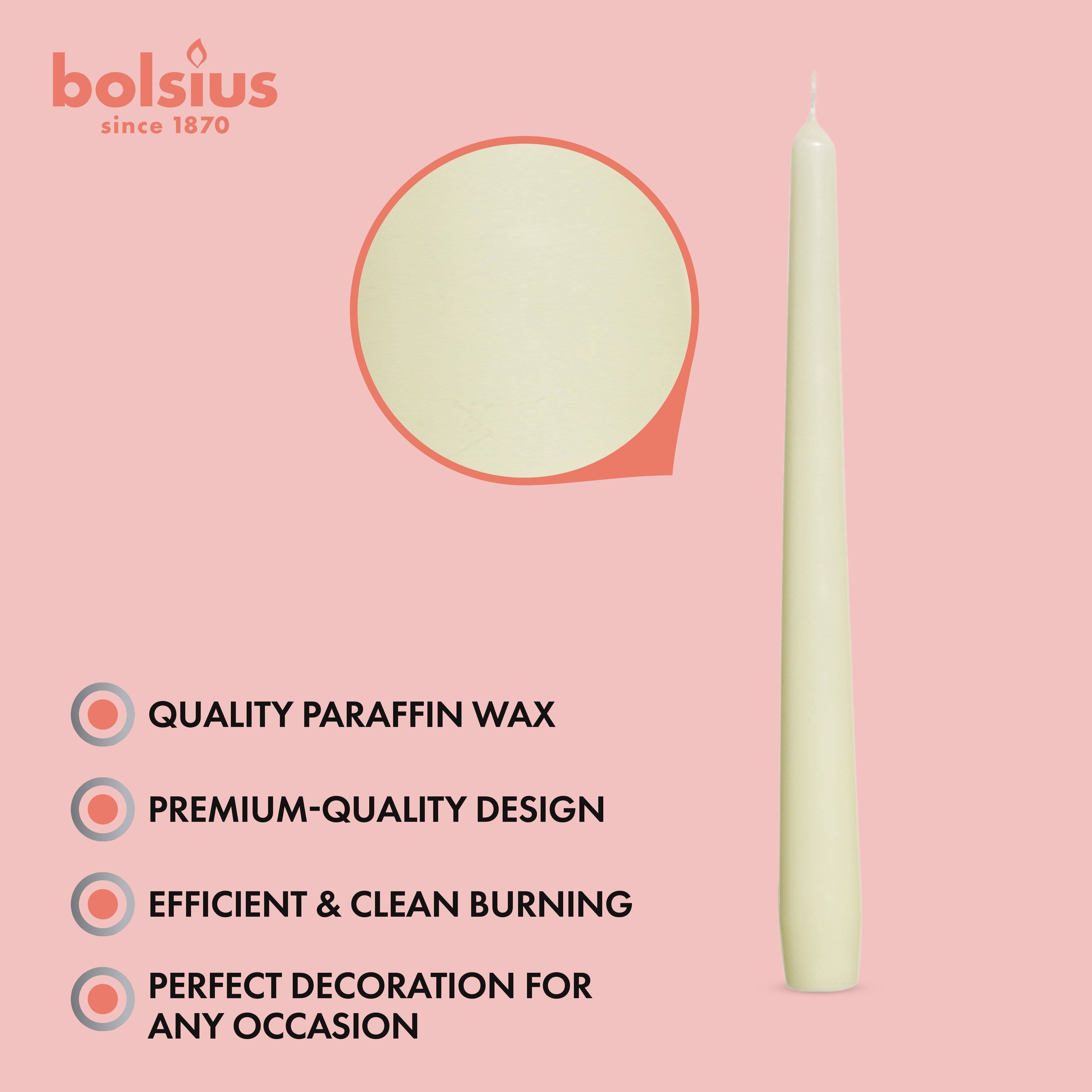 Image of a pack of Bolsius Red Tall 10 Inch Unscented Taper Candles, featuring bullet points that emphasize their high-quality paraffin wax, premium design, efficient burning, and versatility for any occasion.