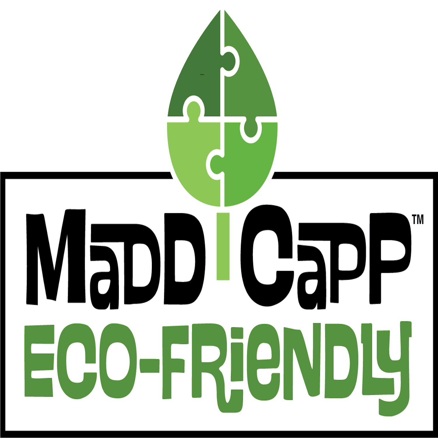 Logo featuring a green puzzle piece leaf, reminiscent of an educational jigsaw, alongside the text MaddiCapp Eco-Friendly and inspired by the product Puzzle: I AM CARDINAL 300 piece.