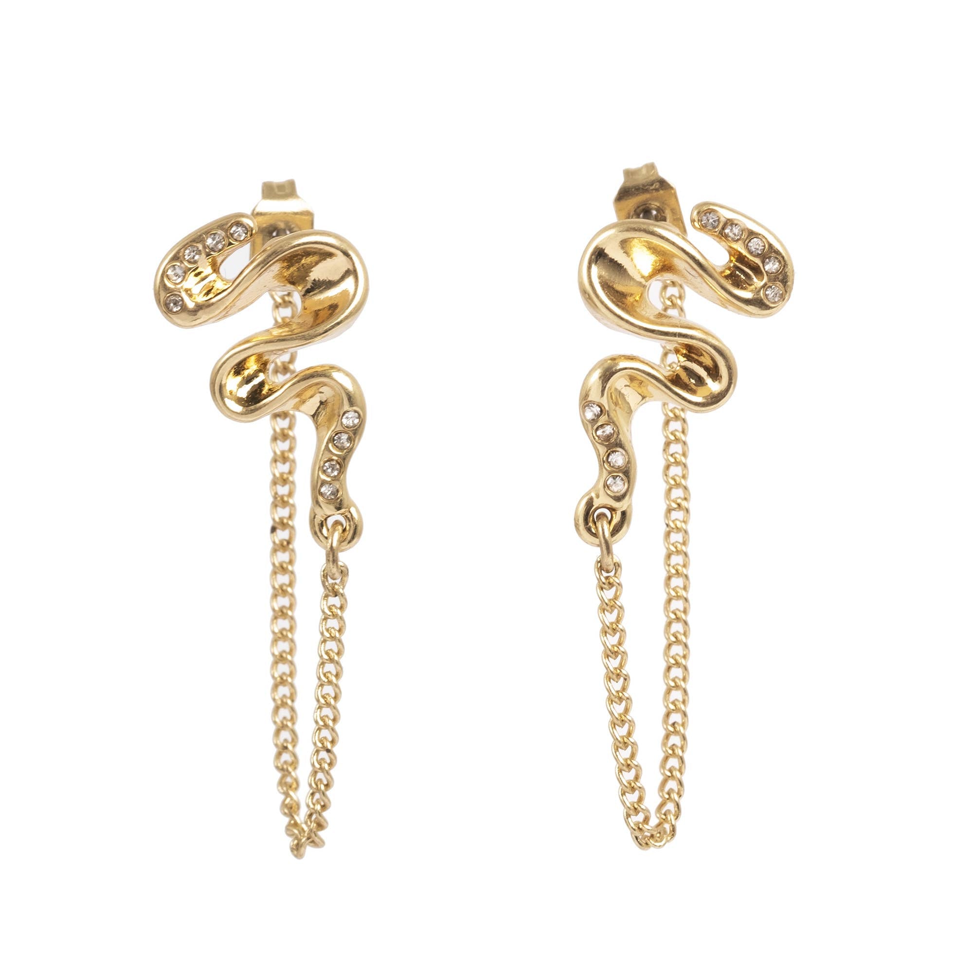A&C Oslo Gold Stud Earrings with Chain, from the Blowing Ribbon Collection, made in Norway, feature a gold snake shape with clear crystals and two dangling gold chains per earring, displayed against a white background.