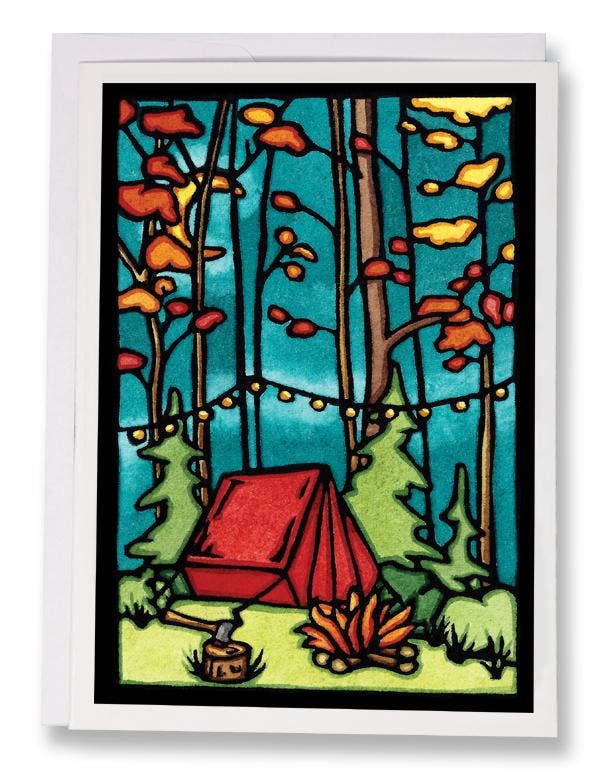 Experience the enchanting artistry of Sarah Angst with the "Evening at Camp Tent" greeting card, featuring a captivating linocut print of a red tent in a forest setting, adorned with string lights and surrounded by trees and fallen leaves beneath a blue sky. Ideal for adding a unique touch to any occasion.