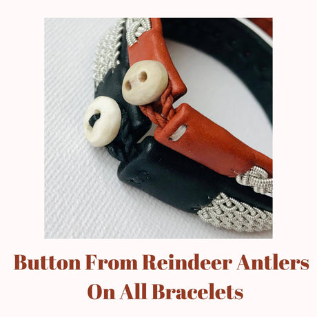 Close-up of the Traditional Sami Single Braid Bracelet - Black #1, handcrafted in Lapland, Sweden with reindeer leather, a braided silver accent, and a round button made from reindeer antlers. Text: Button From Reindeer Antlers On All Bracelets.