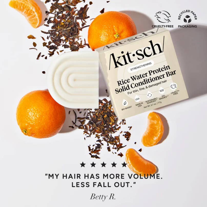 The Kitsch Rice Water Shampoo & Conditioner Bar Combo for Hair Growth (2 x 2.7oz) is shown with tea leaves and oranges on a white background, featuring product packaging and a customer quote about its hair growth benefits.