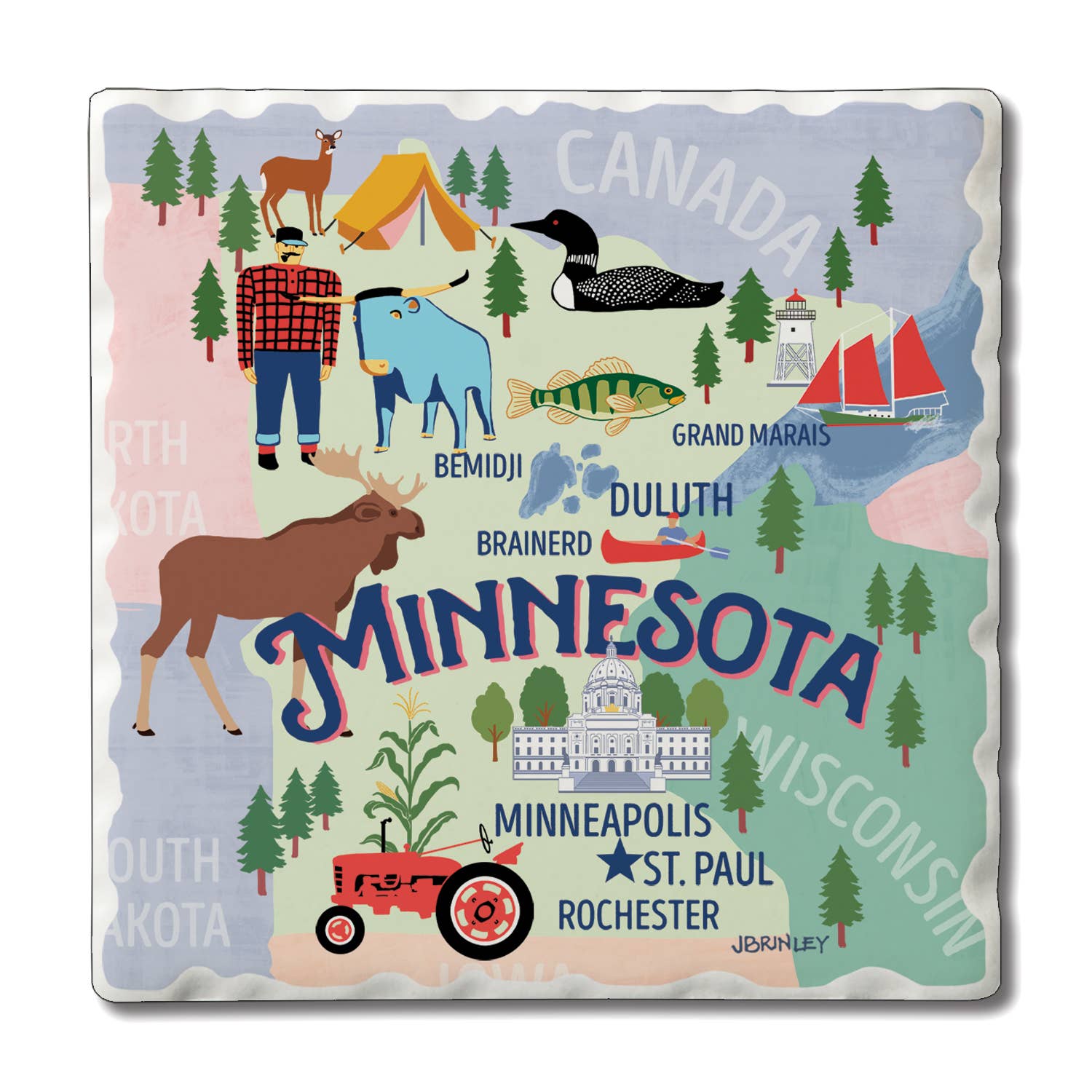 The Coaster: Minnesota Attractions Thirsty Stone Coasters with Cork Backing 4 Pack features an illustrated map of Minnesota with iconic attractions like a moose, lumberjack, pine trees, and cities such as Minneapolis and St. Paul—ideal mementos and practical home accessories.