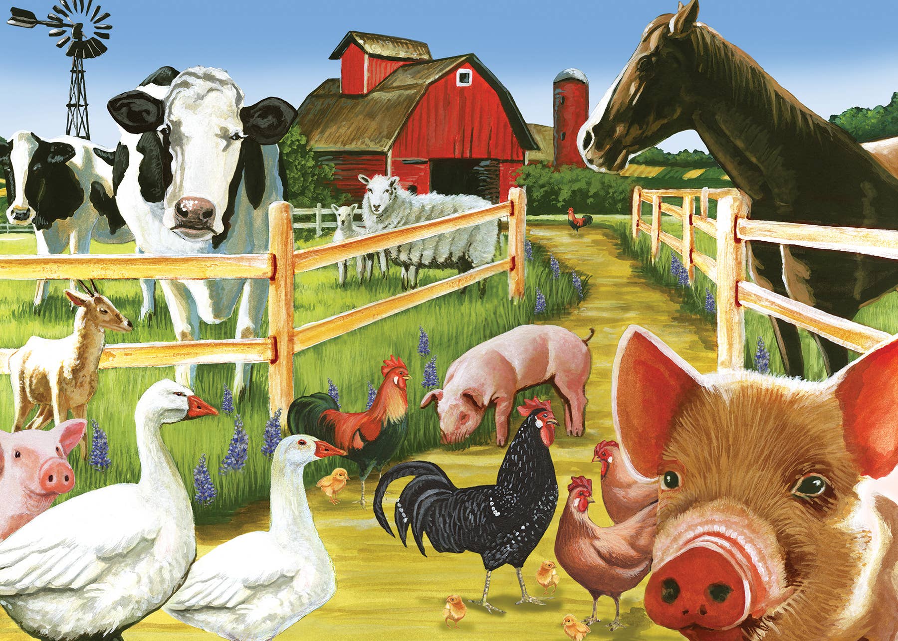 The "Farmyard Welcome" tray puzzle consists of 35 pieces that beautifully illustrate a farm scene featuring cows, sheep, horses, pigs, chickens, geese, and a windmill. The background includes a red barn and silo amidst wooden fences and lush greenery, making it perfect for capturing every detail.