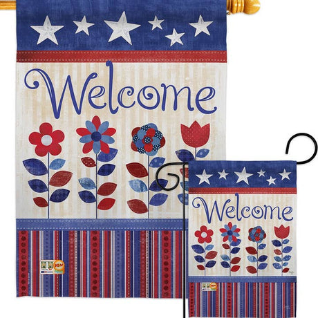 The Welcome Patriotic Americana Star and Stripes Floral Flag features red and blue flowers, stars, stripes, and Welcome text on weather-resistant fabric. Available in two sizes to proudly display your American spirit.
