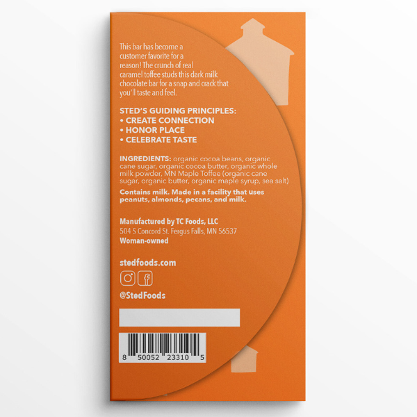 Orange wrapper showing milk chocolate bar details including guiding principles, ingredients list, allergy and manufacturer info, social media icons, and a barcode.