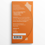 Orange wrapper showing milk chocolate bar details including guiding principles, ingredients list, allergy and manufacturer info, social media icons, and a barcode.