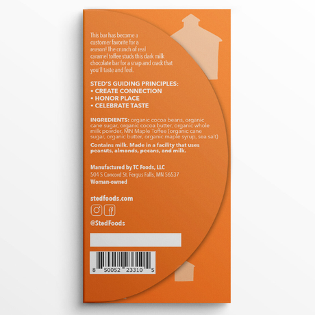 Orange wrapper showing milk chocolate bar details including guiding principles, ingredients list, allergy and manufacturer info, social media icons, and a barcode.
