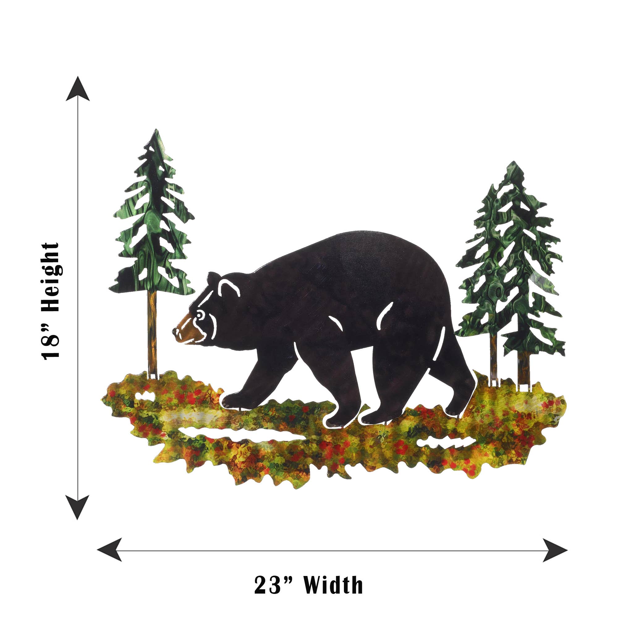 Experience the allure of nature with the Black Bear Wall Art, a captivating metal wall decor piece showcasing a black bear elegantly strolling through trees. Measuring 23 inches in width and 18 inches in height, it beautifully enhances any home space with its wilderness charm.